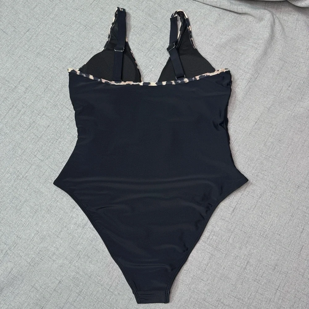 Black & Leopard Print Mesh One Piece Swimsuit Slimming Tummy Control L XL NWT - Picture 8 of 12
